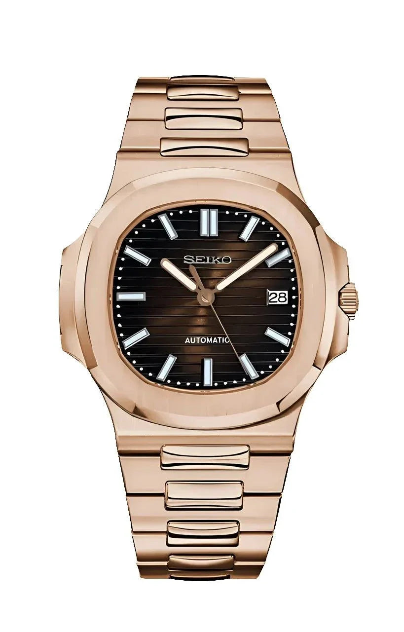 Nautilus Watch Mod Classic Chocolate Edition rose gold stainless steel automatic wristwatch with black dial and date display