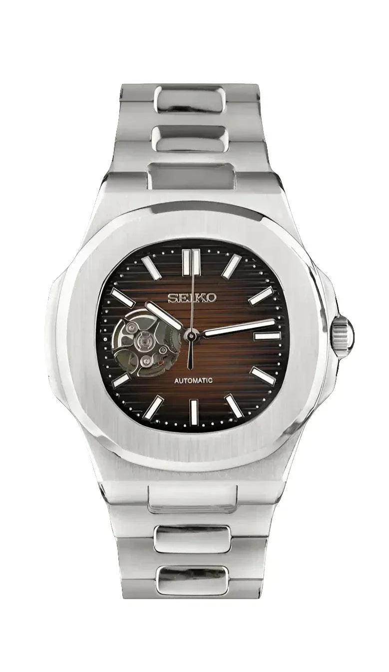 Seiko Nautilus Watch with chocolate open heart dial and stainless steel bracelet