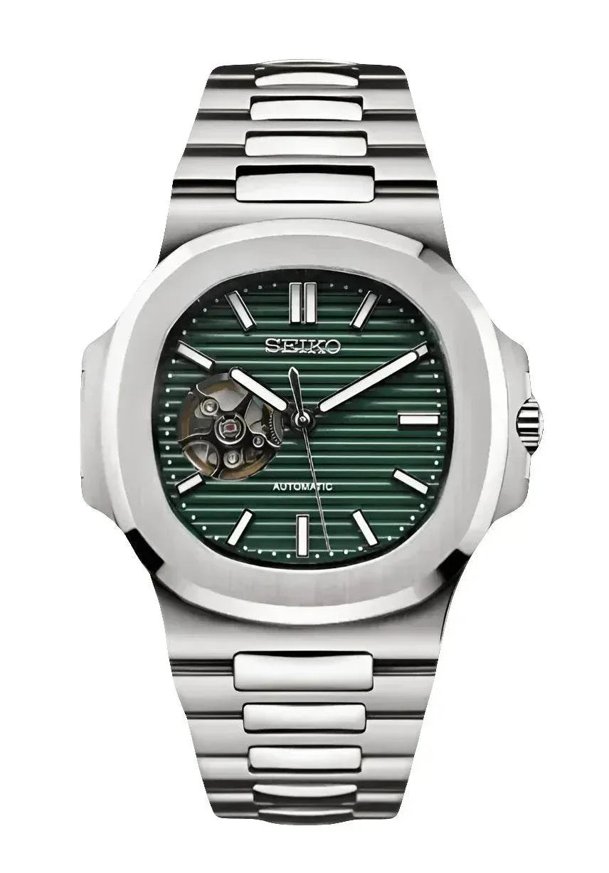 Nautilus Watch Mod Green with open heart design and stainless steel bracelet by Seiko