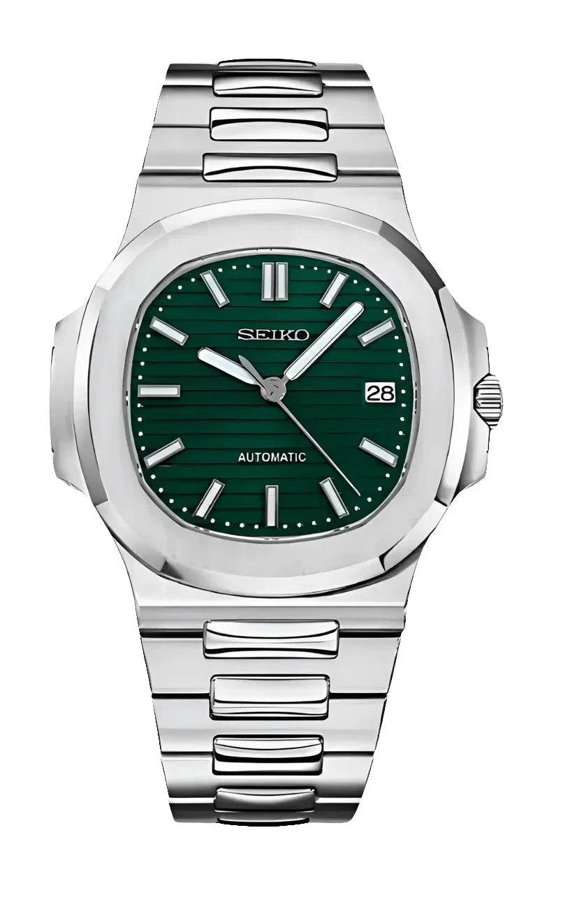 Seiko Nautilus Watch Mod with green dial, stainless steel case and bracelet, automatic movement, and sapphire crystal glass