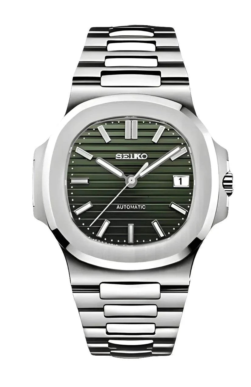 Seiko Nautilus Watch Mod Classic Green Edition with olive green dial, stainless steel case and bracelet, automatic movement, sapphire crystal glass, and luminous hands.