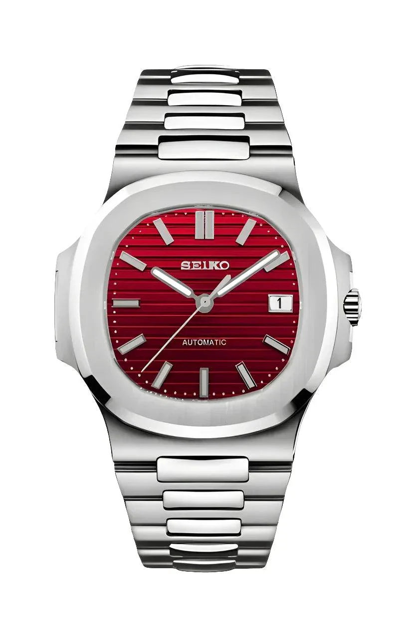 Seiko Nautilus Watch Mod with red velvet dial and stainless steel bracelet