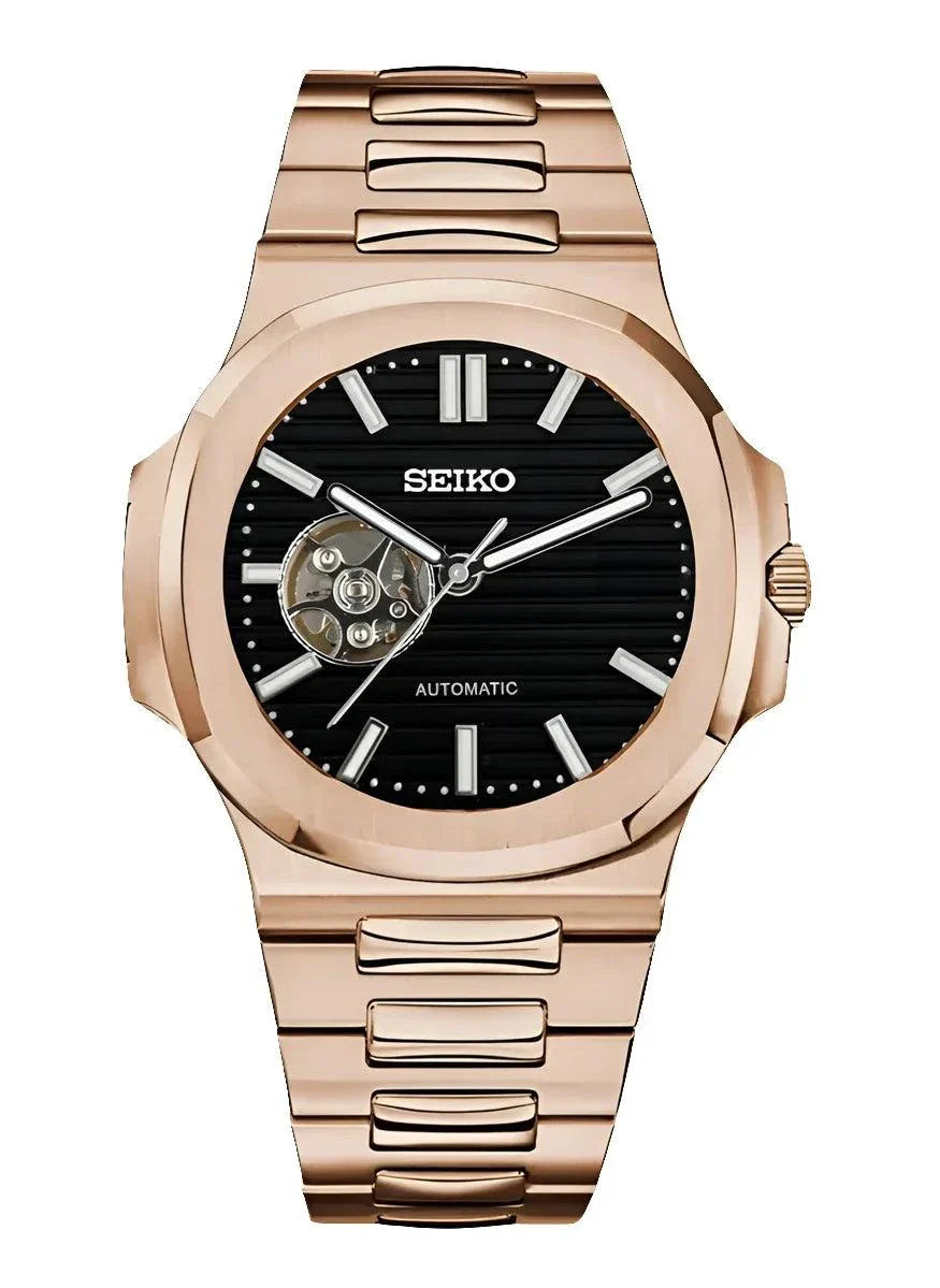 Seiko Nautilus Watch rose gold with open heart black dial and stainless steel bracelet