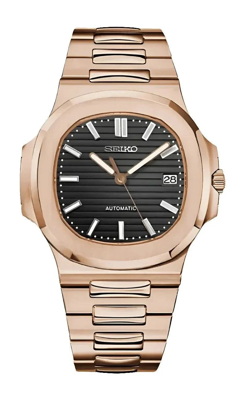 Nautilus Watch Mod Rose Gold with black dial and stainless steel bracelet