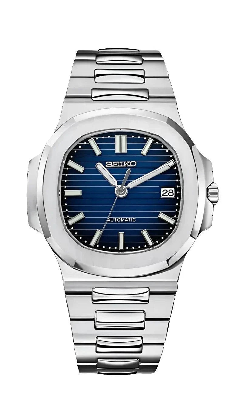 Nautilus Watch Mod silver blue Seiko automatic stainless steel with sapphire crystal and date display