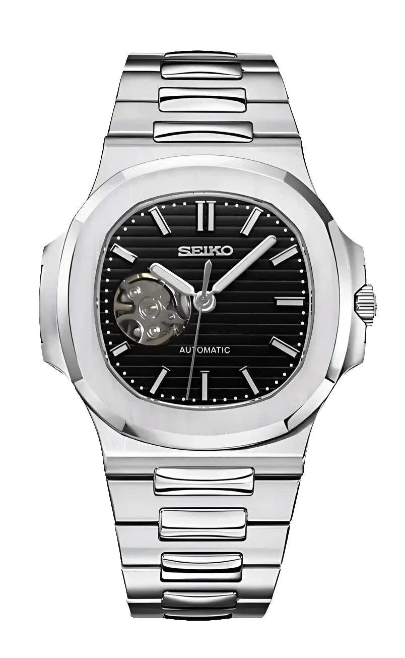Seiko Nautilus Watch Mod Silver Open Heart with stainless steel bracelet and automatic movement