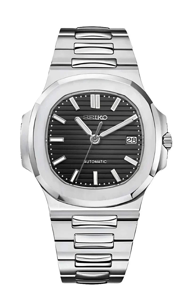 Seiko Nautilus Watch Mod Classic with silver stainless steel bracelet and black dial