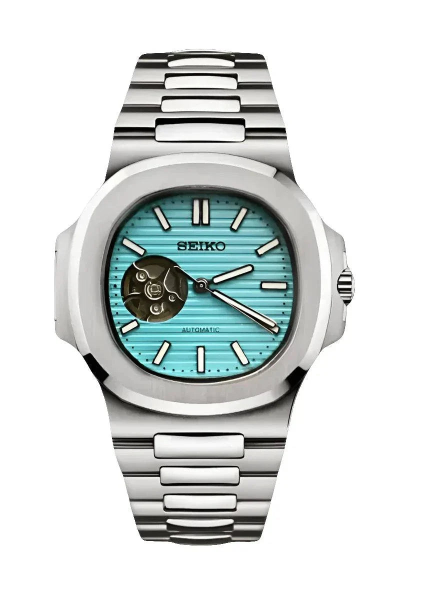 Seiko Nautilus Watch Mod Tiffany Open Heart Edition with stainless steel bracelet and turquoise dial