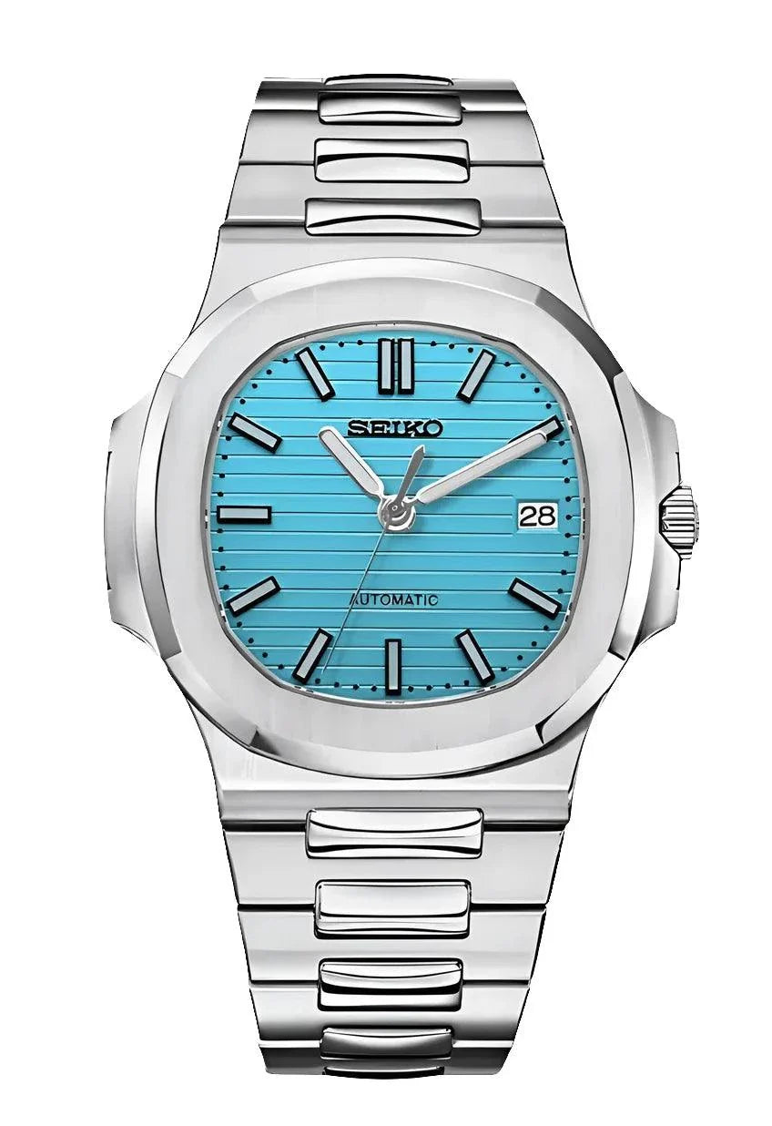 Nautilus Watch Mod Tiffany Blue Edition with stainless steel case, Seiko NH38 automatic movement, sapphire crystal, and adjustable bracelet.