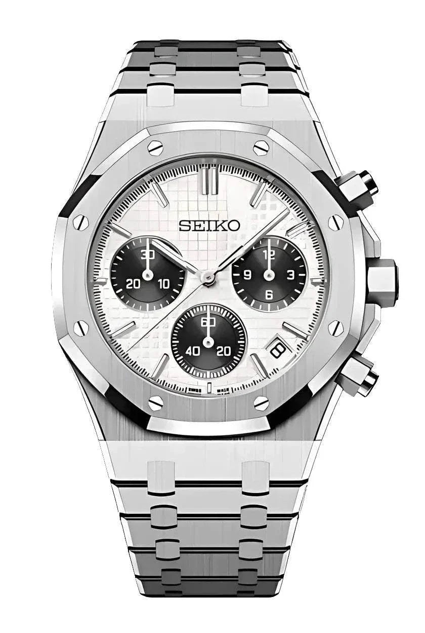 Royal Oak Watch Mod Chronograph Panda Edition with stainless steel case and bracelet, Seiko VK63 movement, and scratch-resistant sapphire glass