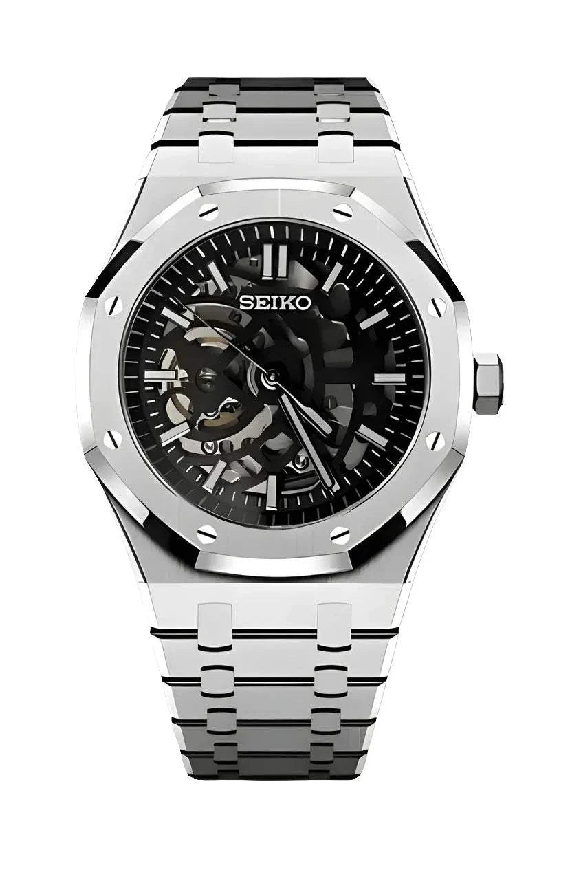 Seiko Watch Mod Royal Oak silver skeleton with stainless steel bracelet and open crystal case back