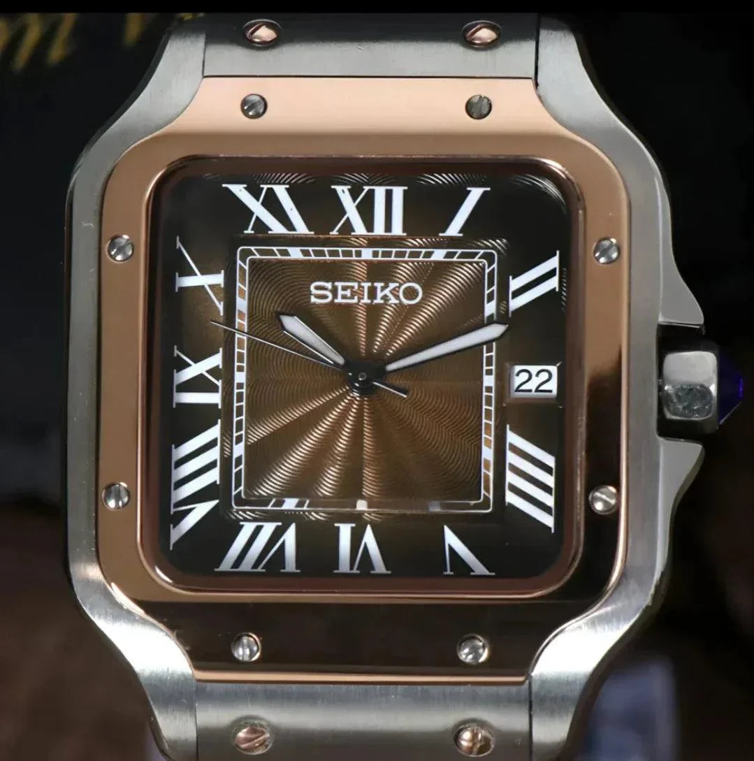 Seiko Mod Santos rose gold skeleton watch with stainless steel case and Roman numeral dial