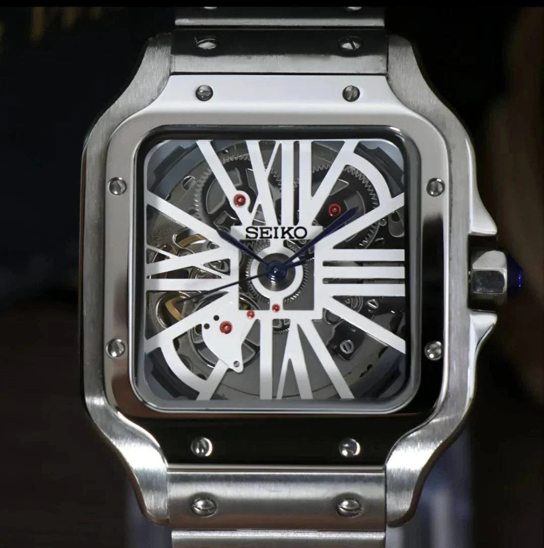 Seiko Mod Santos white skeleton watch with stainless steel case and visible mechanical movement