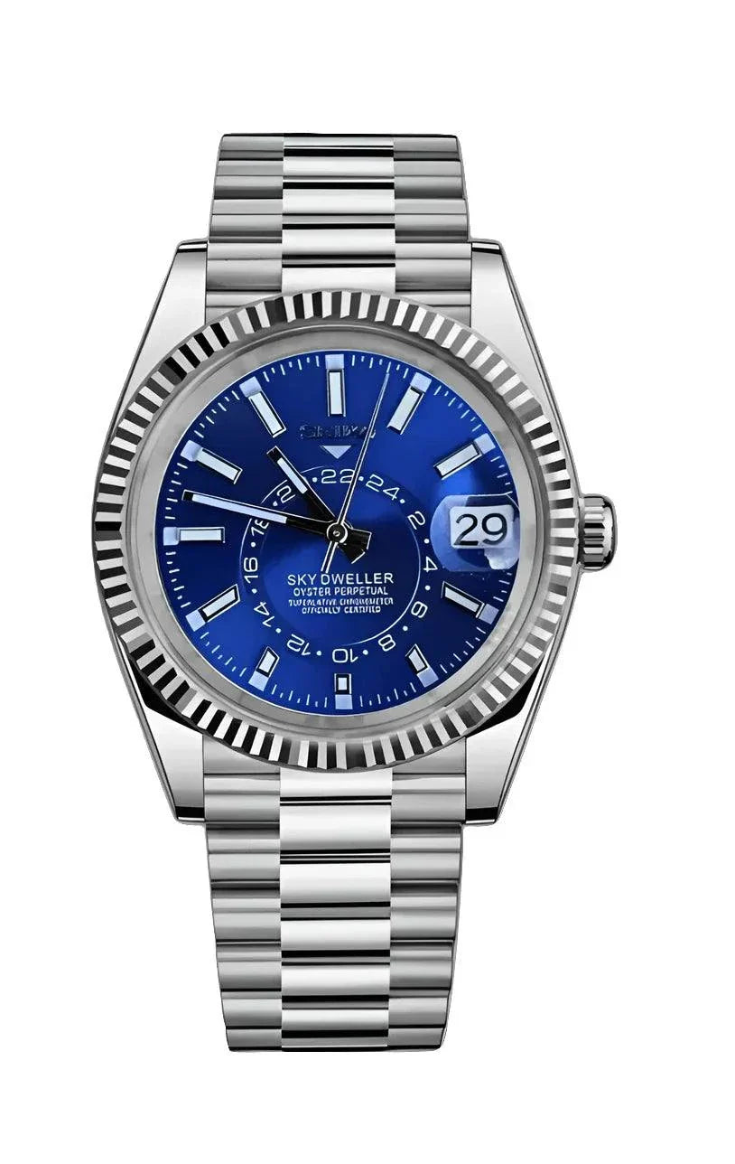 Sky Dweller Watch with electric blue dial and stainless steel bracelet