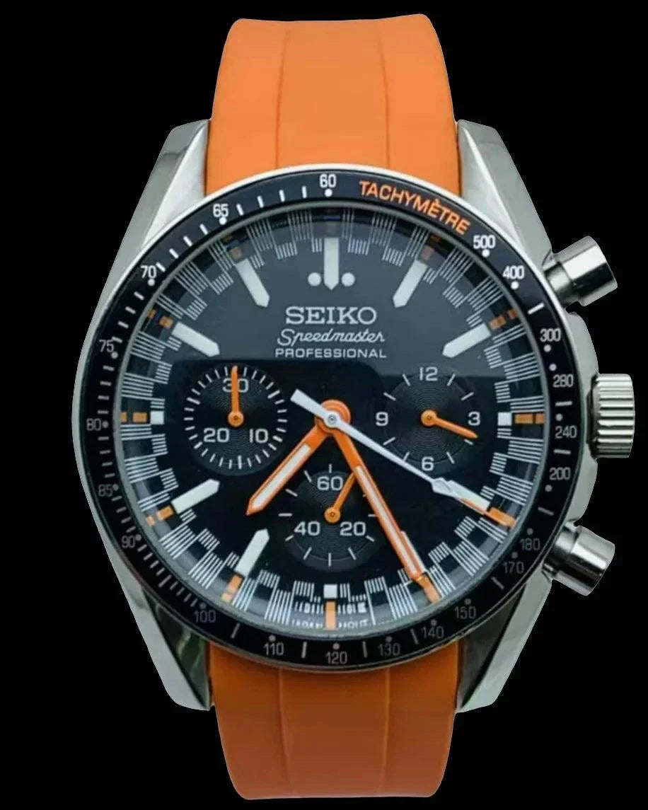 Seiko Speedmaster Watch Mod Orange Edition with black dial and orange silicone strap
