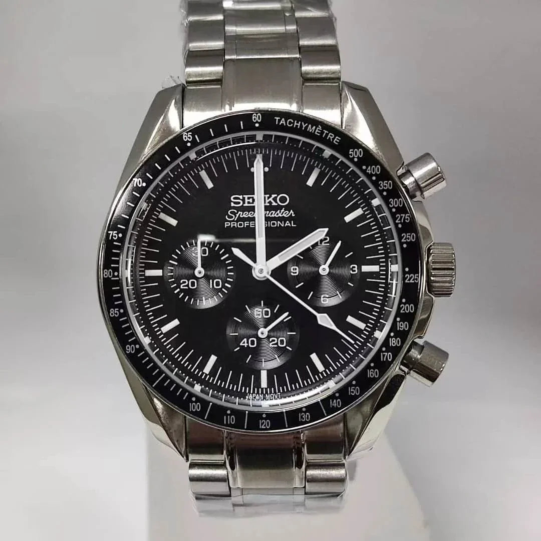 Seiko Speedmaster Watch Mod Black Edition with stainless steel bracelet and black dial