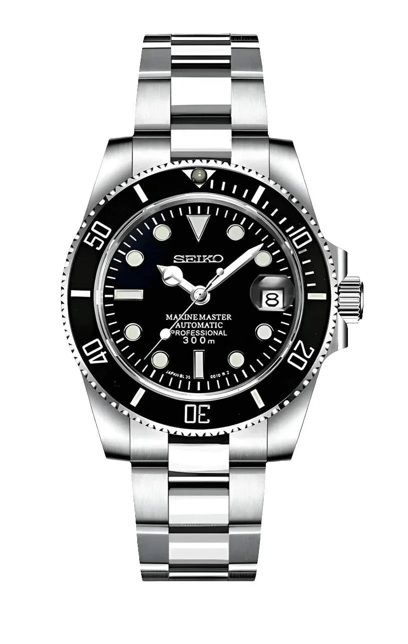 Seiko Submariner Watch Mod black edition with stainless steel bracelet and automatic movement