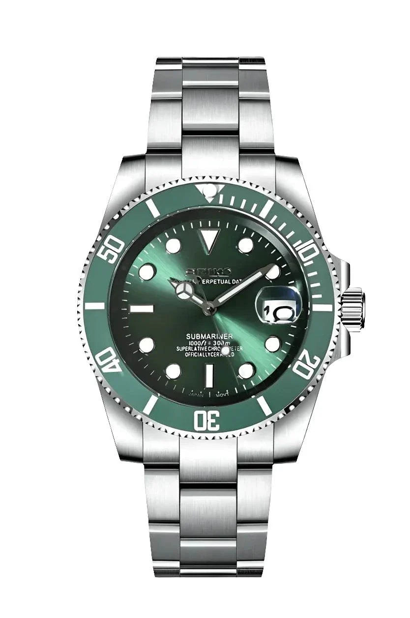 Seiko Mod Submariner Hulk Watch with green dial, stainless steel bracelet, ceramic bezel, and automatic movement