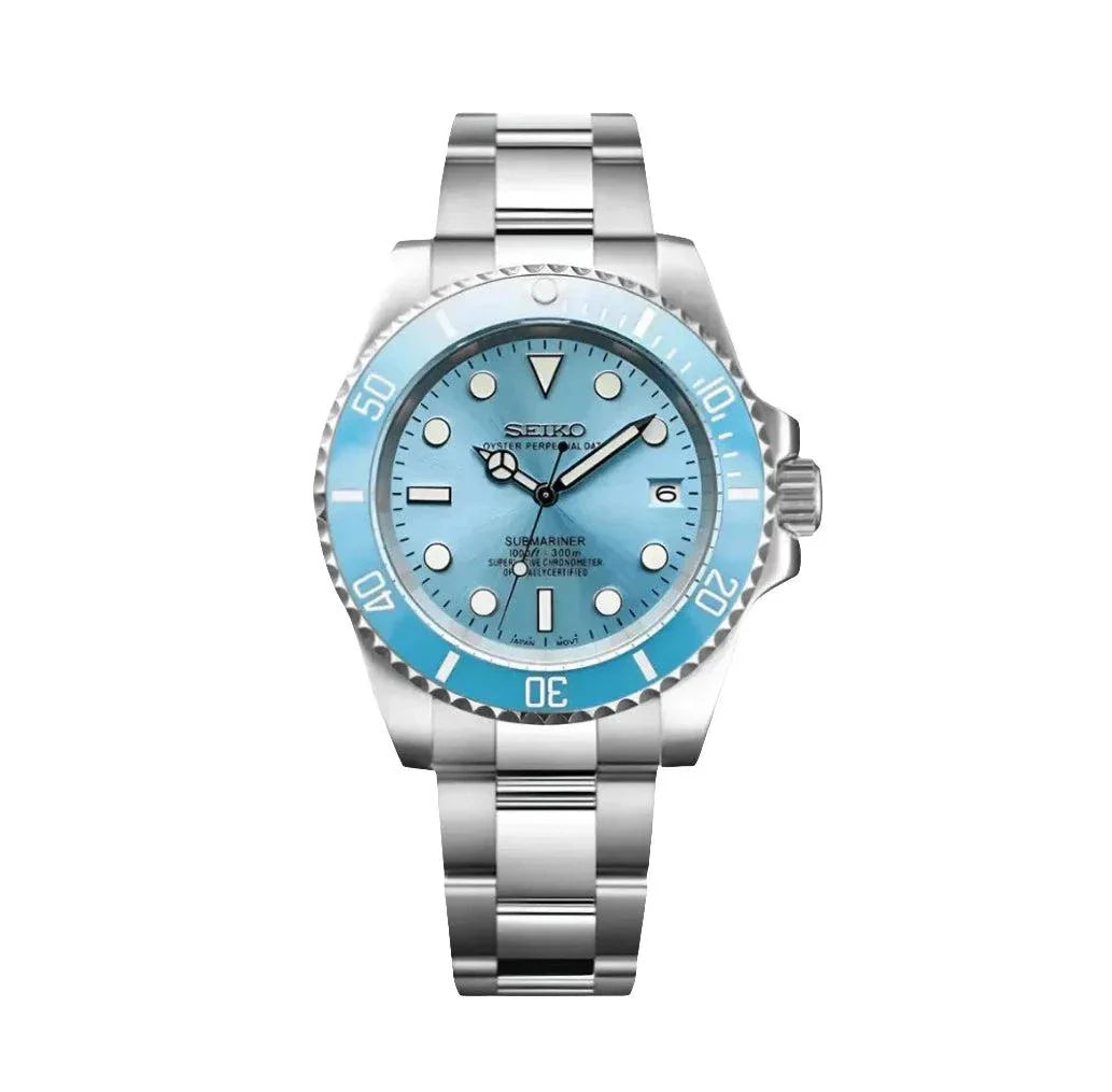 Seiko Submariner Watch Mod Sky Edition with stainless steel bracelet and blue dial