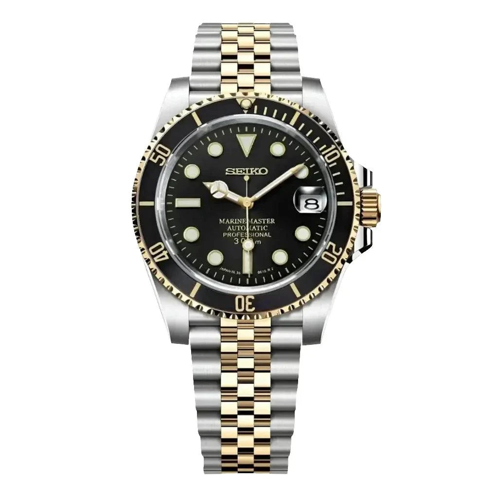 Seiko Submariner Watch Mod Two Tone Black Edition with stainless steel and gold bracelet, black dial, automatic NH35 movement, ceramic bezel, sapphire crystal, and water resistance.