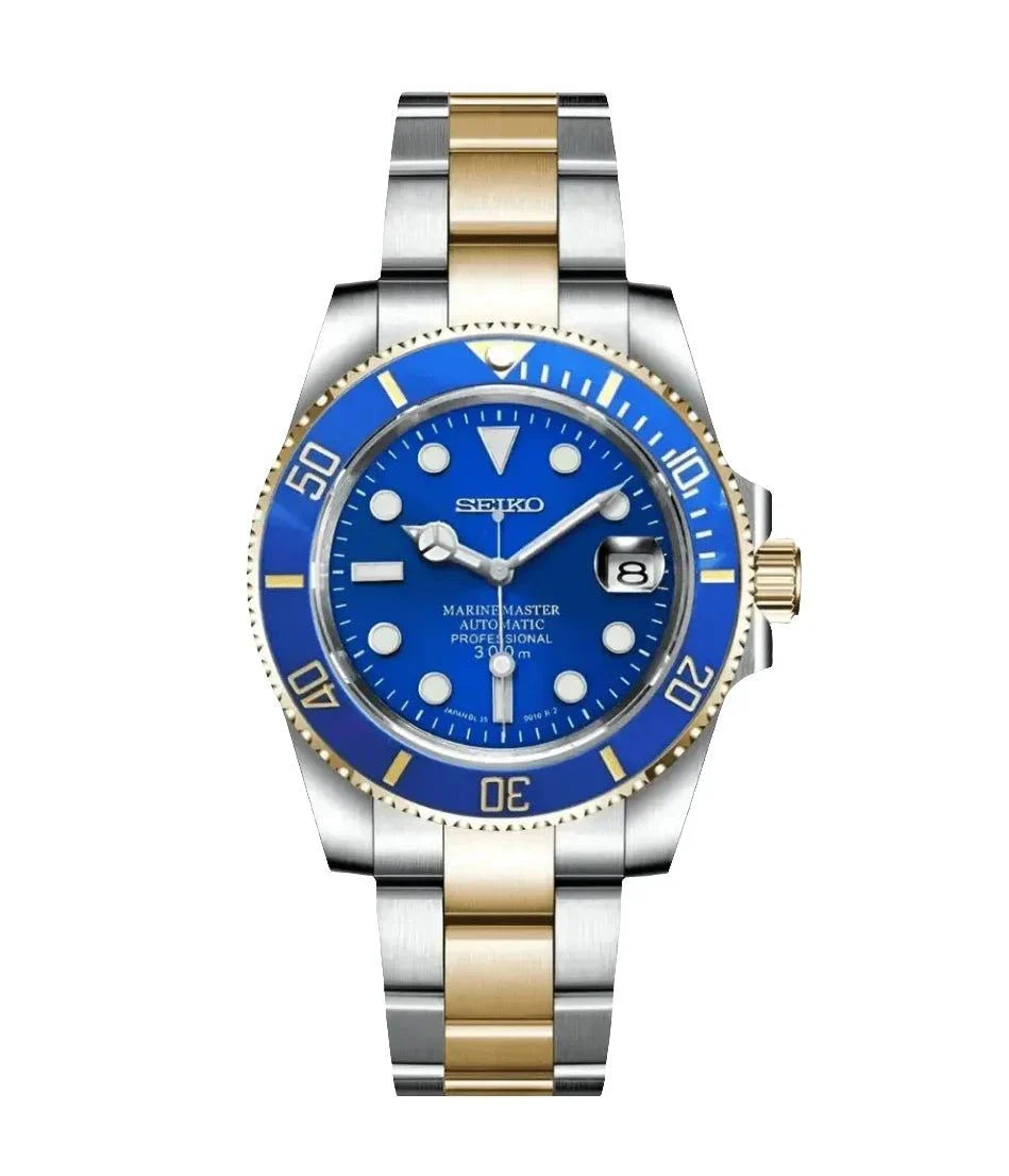 Seiko Submariner Watch Mod with two-tone stainless steel bracelet and blue dial