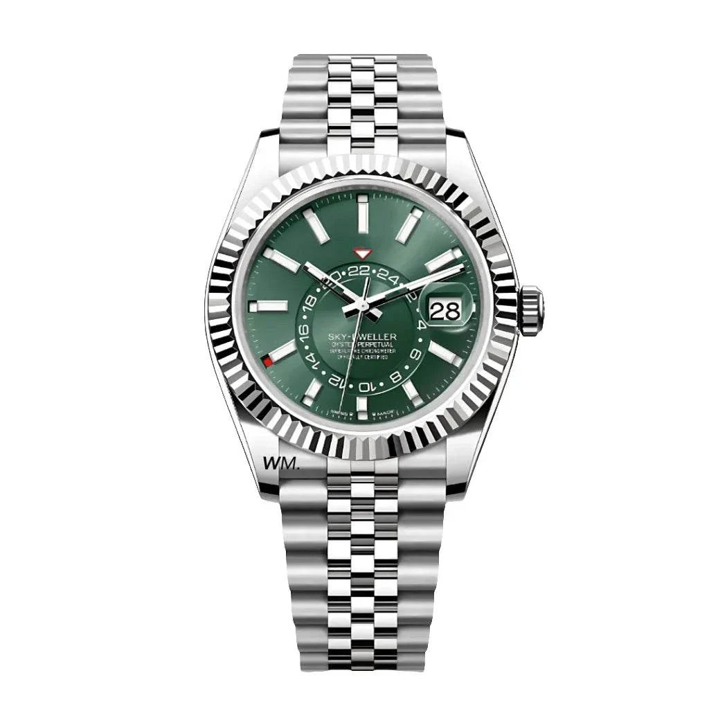 Sky Dweller Watch with olive green dial and stainless steel bracelet, automatic movement, sapphire crystal, and date display