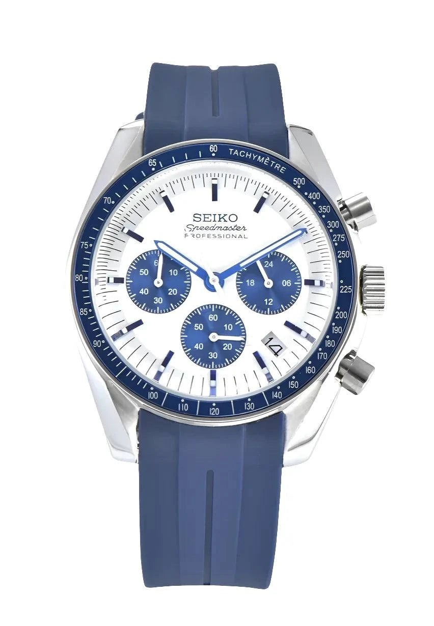 Speedmaster Watch Mod Blue Edition with blue dial, stainless steel bezel, and blue strap