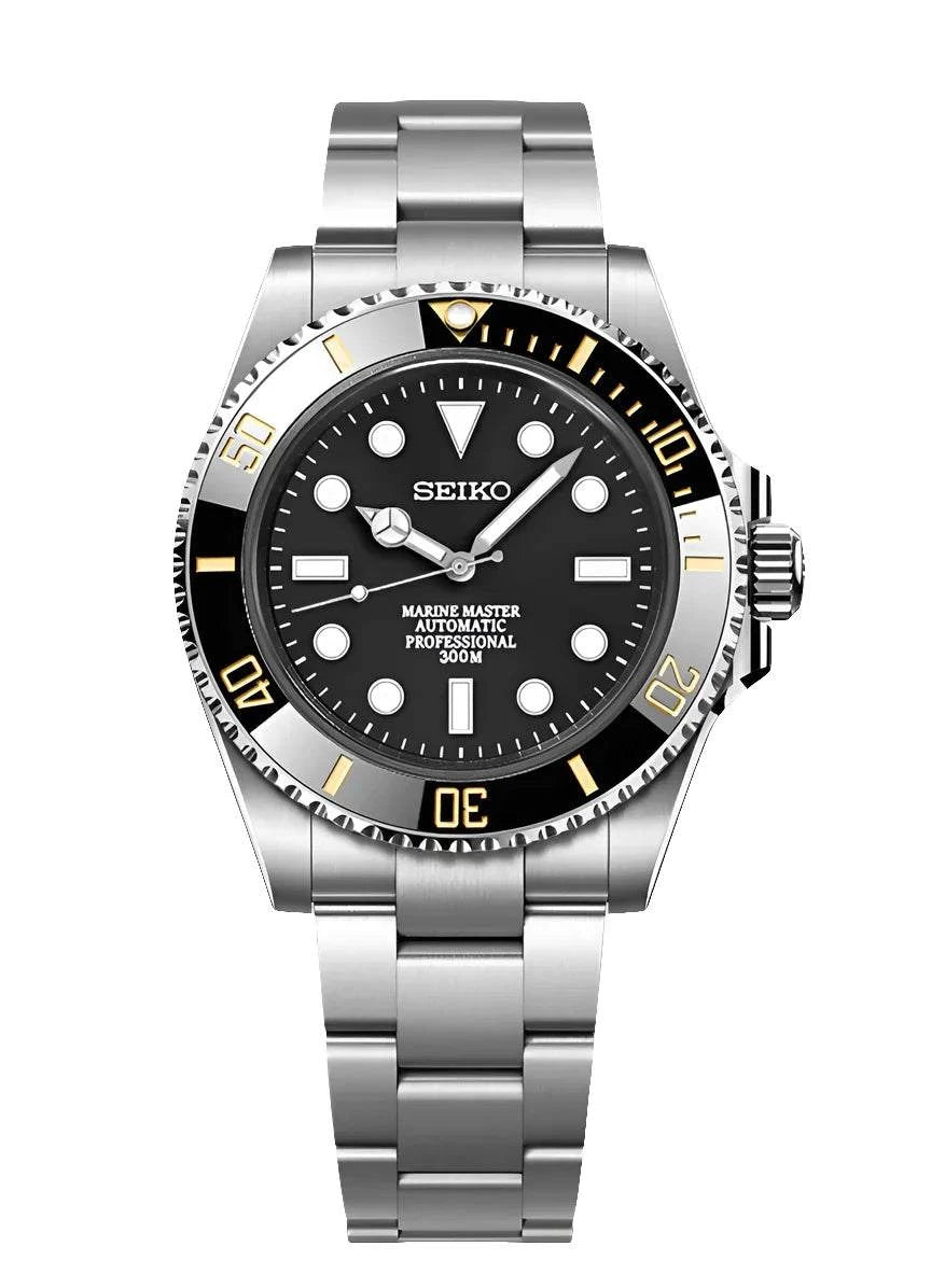 Submariner Watch Mod with black dial, stainless steel bracelet, automatic movement, and ceramic bezel