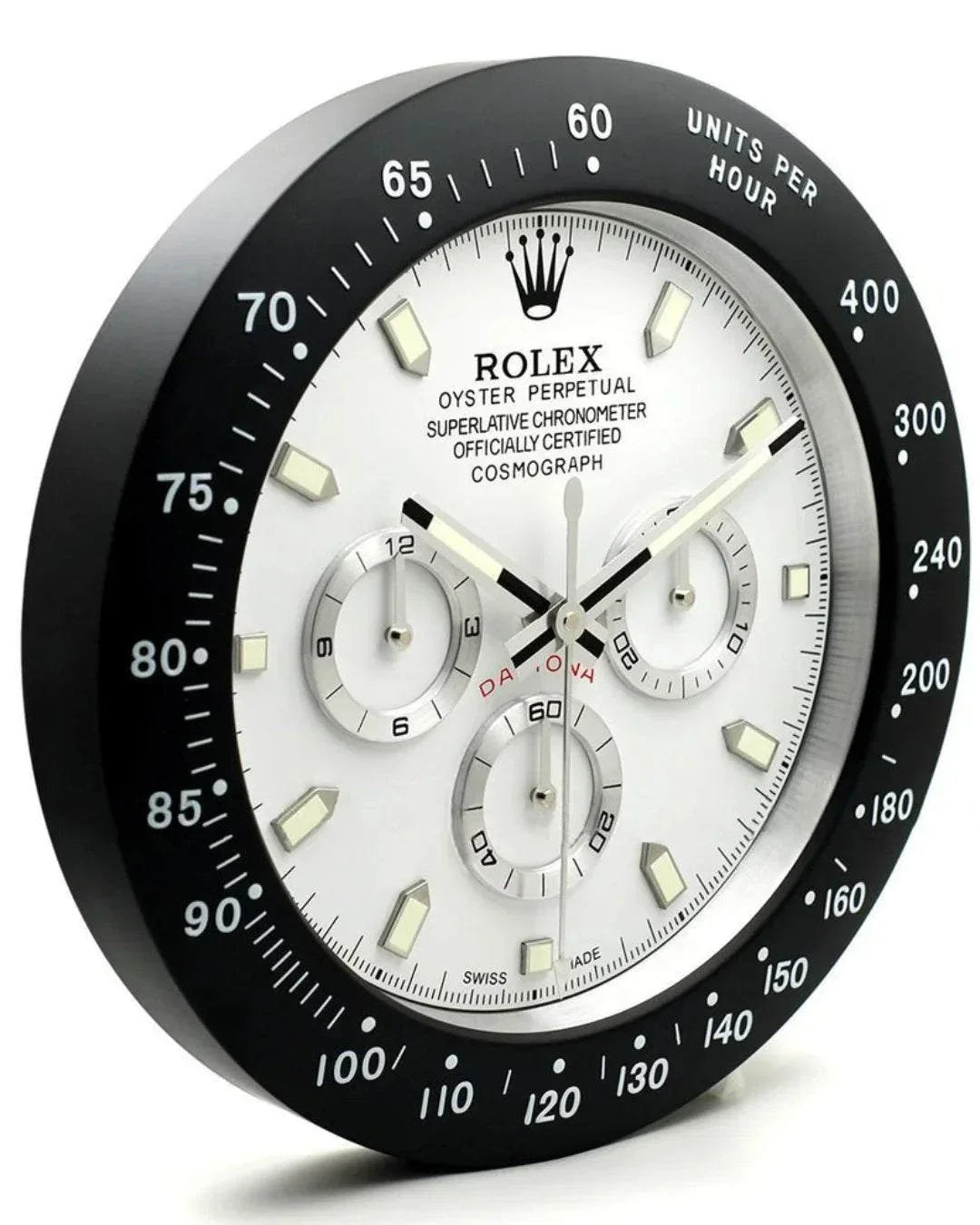 Wall Clock Daytona black and white circular stainless steel design with luminous markings and silent quartz movement