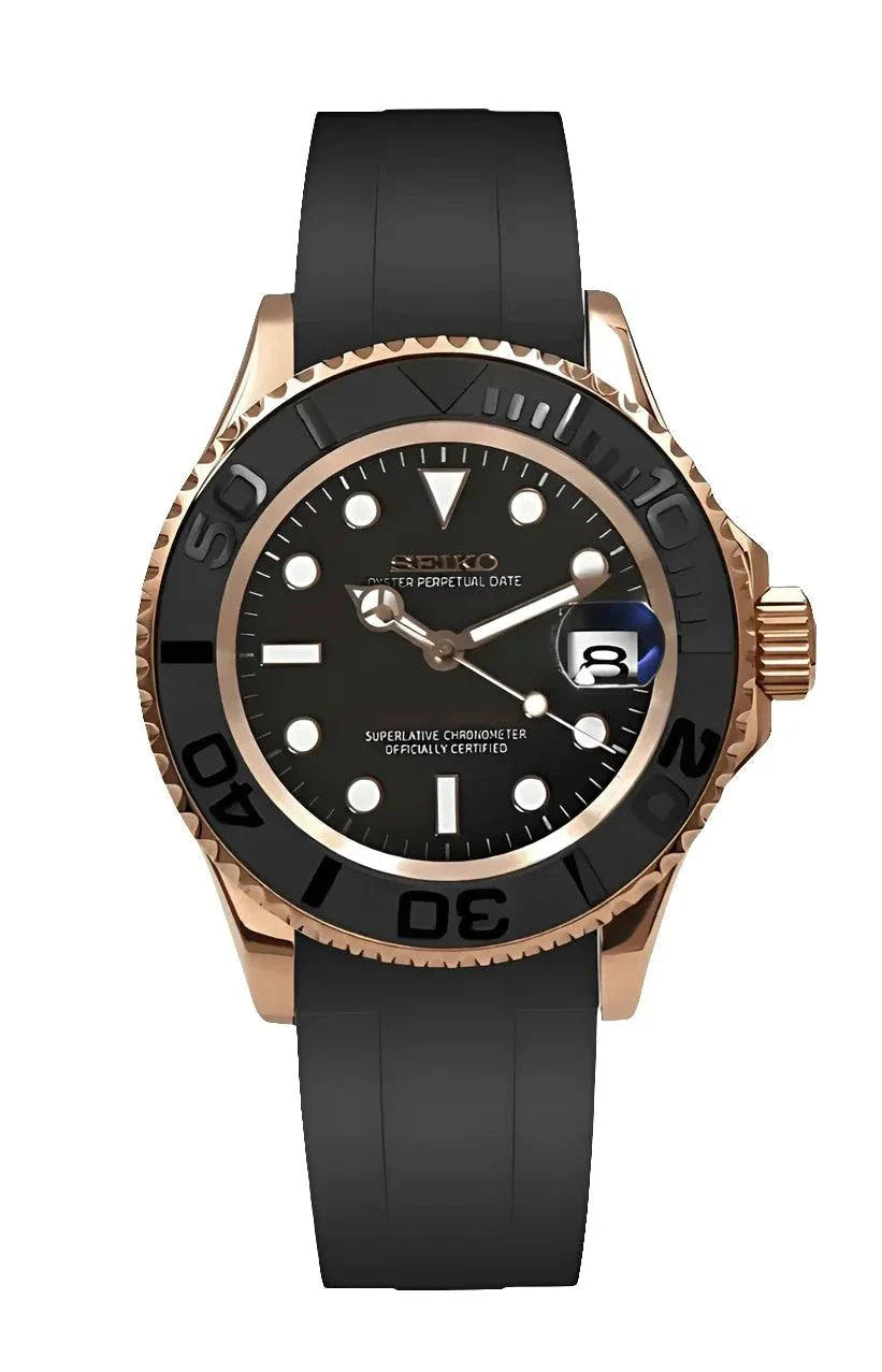 Yacht Master Watch rose gold edition with black dial and rubber strap