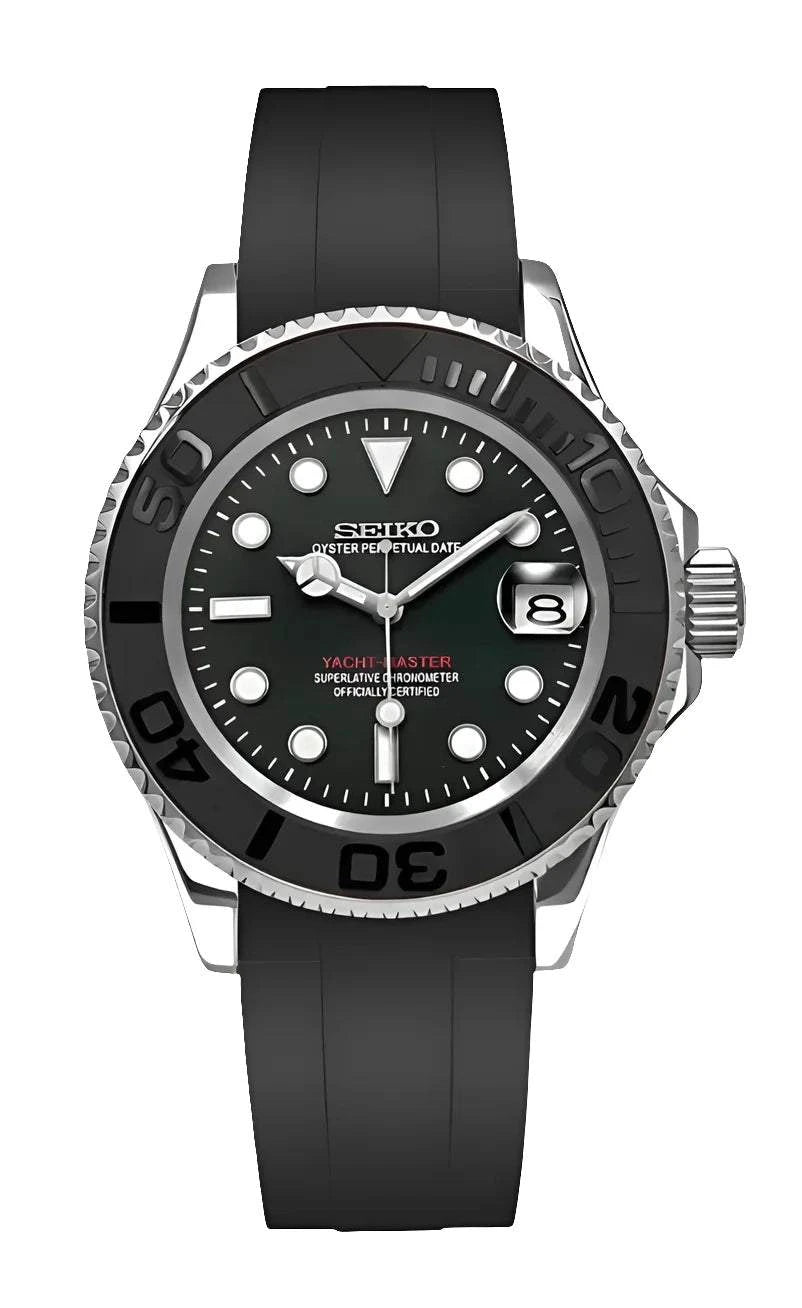 Yacht master Watch silver edition with black ceramic bezel and rubber strap