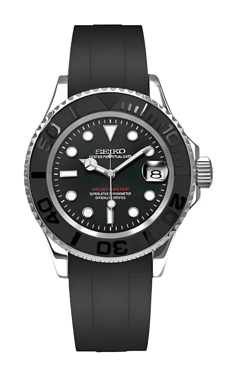 Yacht master watch silver edition with black dial, ceramic bezel, and rubber strap