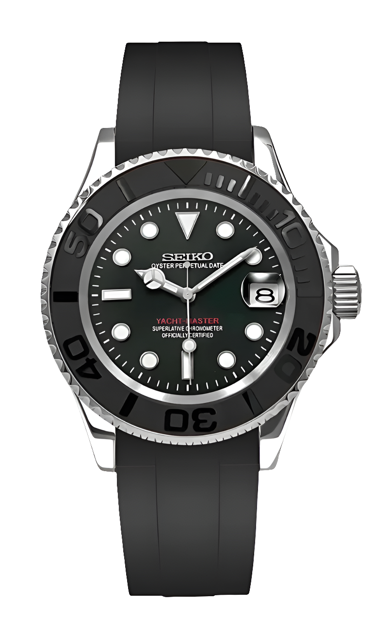 Yacht master Watch Mod Silver Edition with black ceramic bezel, rubber strap, and Seiko NH35A automatic movement