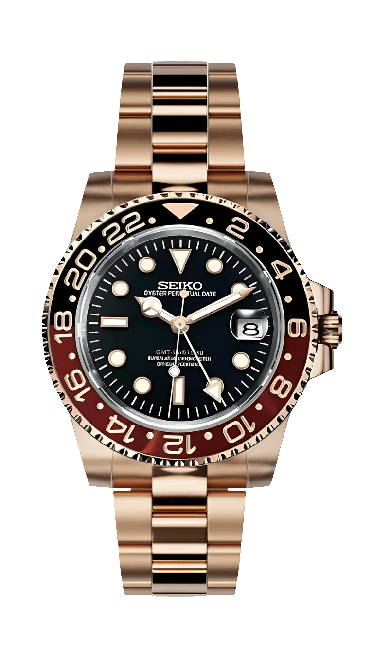SEIKO MOD GMT rose gold watch with black and brown ceramic bezel, automatic movement, sapphire crystal, and dual time zone function