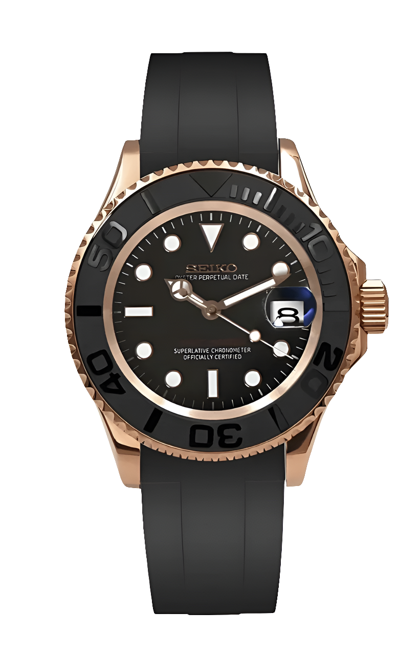 Yacht Master Watch Mod Rose Gold Edition with black dial, ceramic bezel, rubber strap, and Seiko NH35A automatic movement.