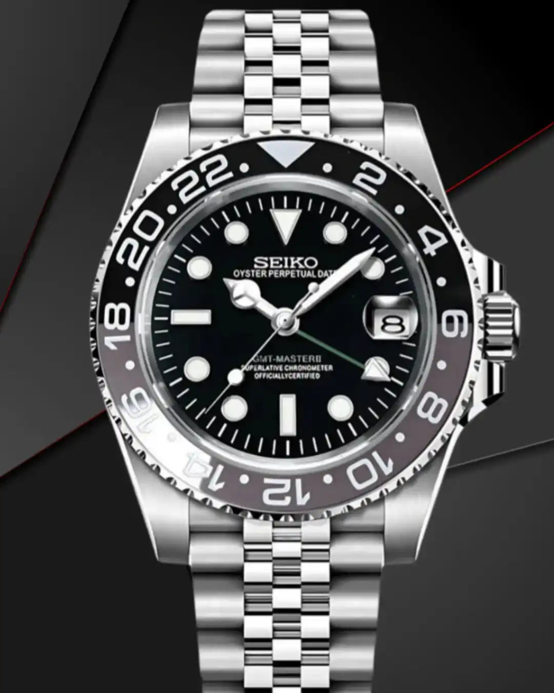 A black-faced stainless steel GMT watch with a jubilee bracelet.