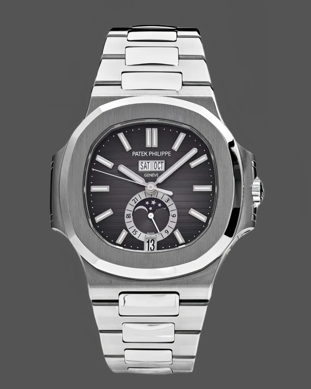 Patek Philippe Superclone Nautilus Annual Calendar watch with black dial, moon phase, and stainless steel bracelet