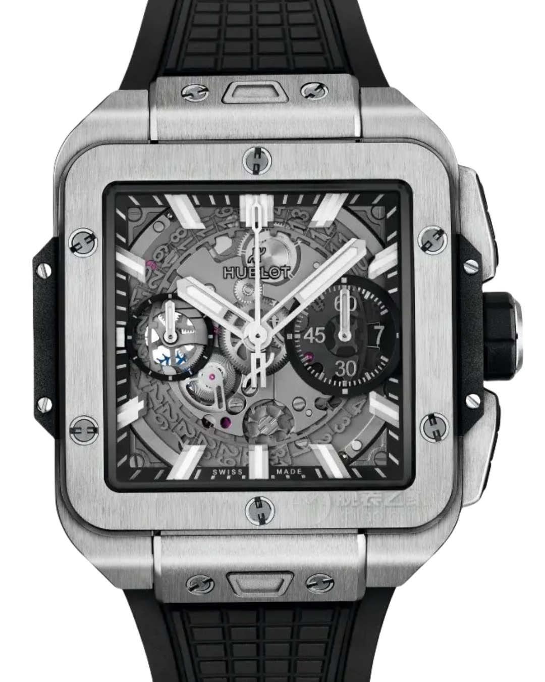 Hublot Square Bang titanium skeleton watch with black rubber strap and chronograph functions