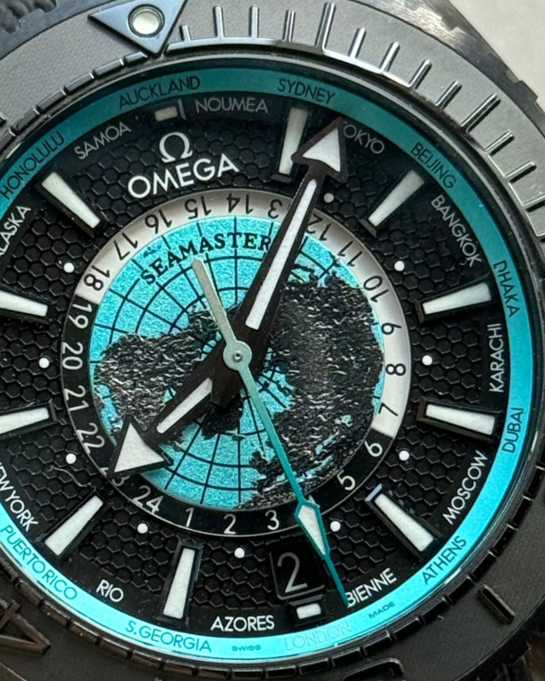 Omega Planet Ocean 45.5mm GMT World Timer Super Watch Mod Blue