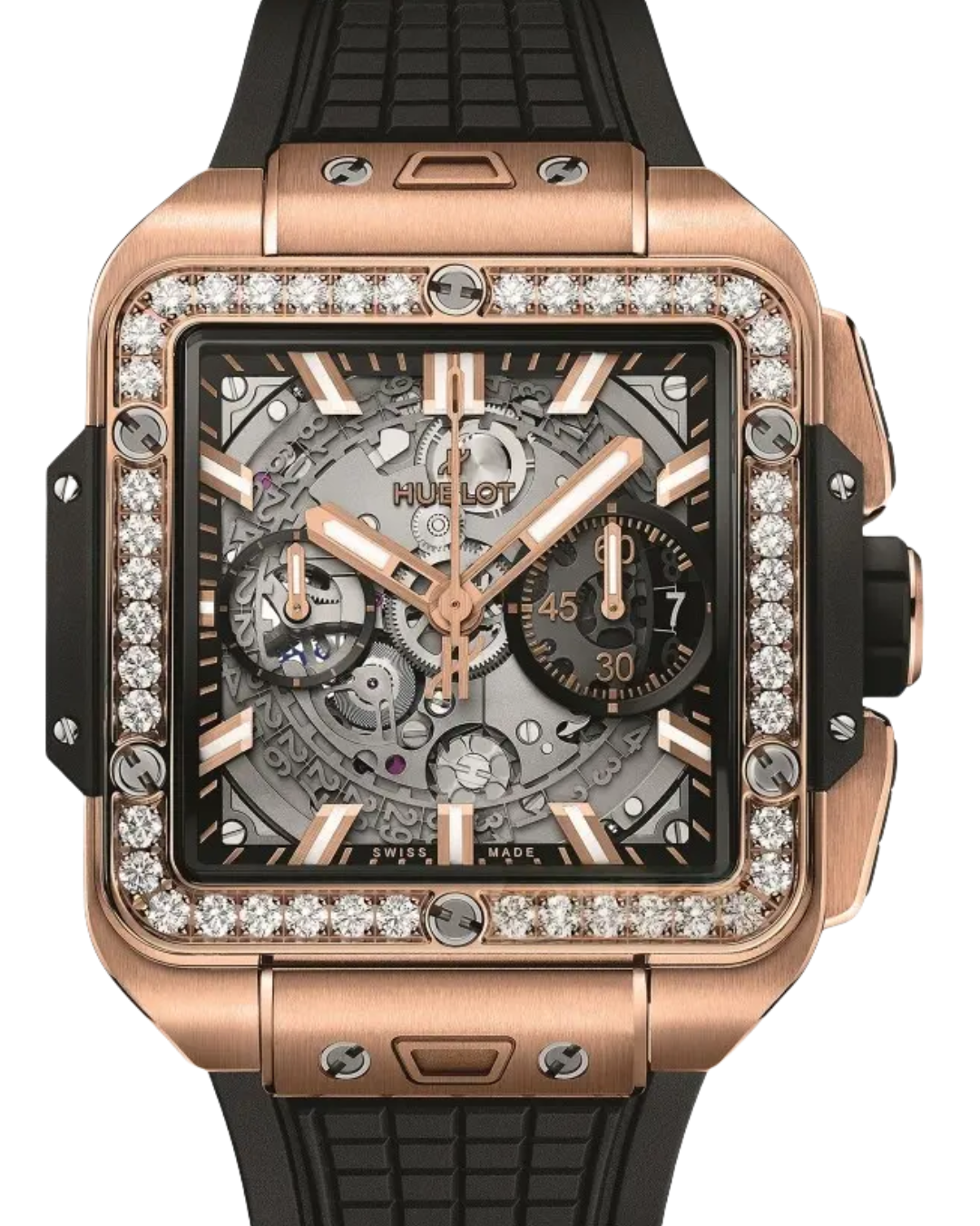 Hublot Square Bang King Gold watch with skeleton dial and black rubber strap