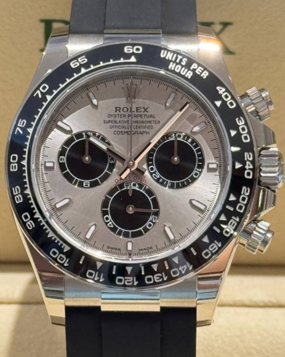 Daytona 4131 Super Watch with silver dial, black sub-dials, and black ceramic tachymeter bezel on black OysterFlex rubber strap