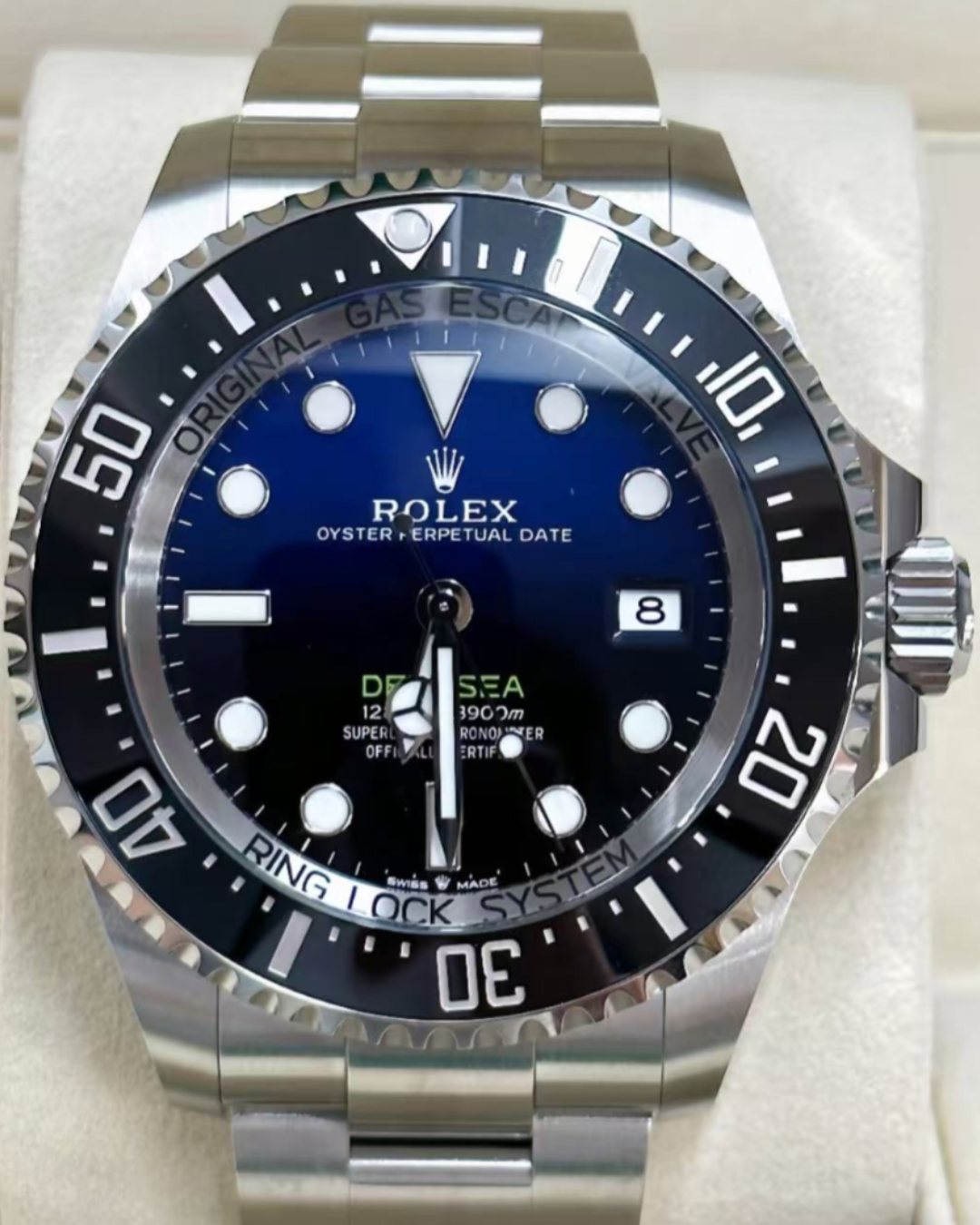 Rolex Deepsea 3235 Super Watch with blue dial, black ceramic bezel, and stainless steel oyster bracelet