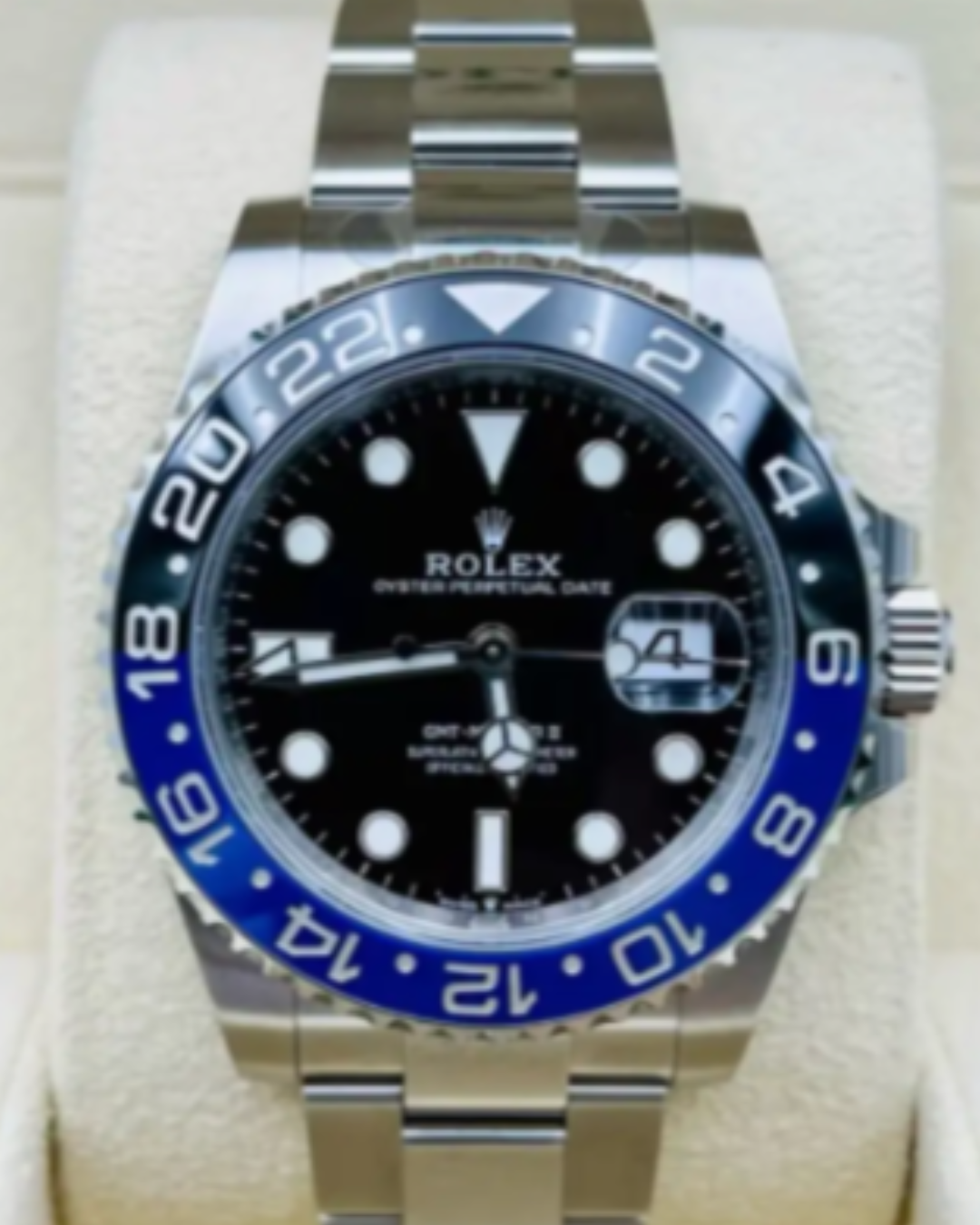 Rolex GMT Master Batman 126710BLNR watch with black and blue ceramic bezel and stainless steel Oyster bracelet