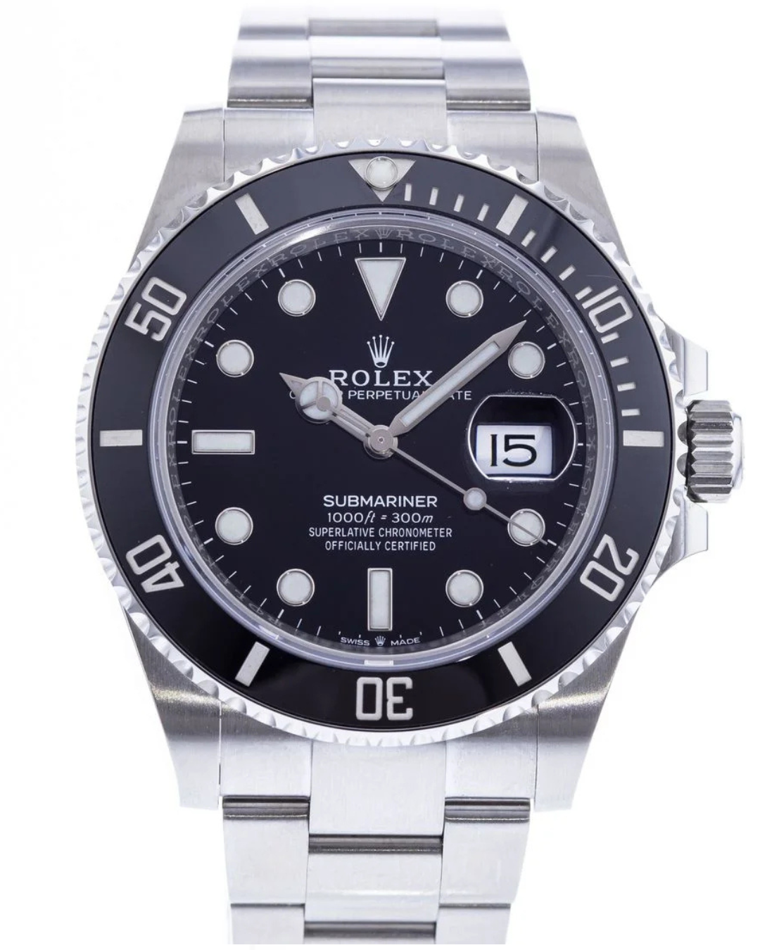 Submariner Watch Mod Black Crown Edition with black dial, stainless steel bracelet, ceramic bezel, and sapphire crystal glass.