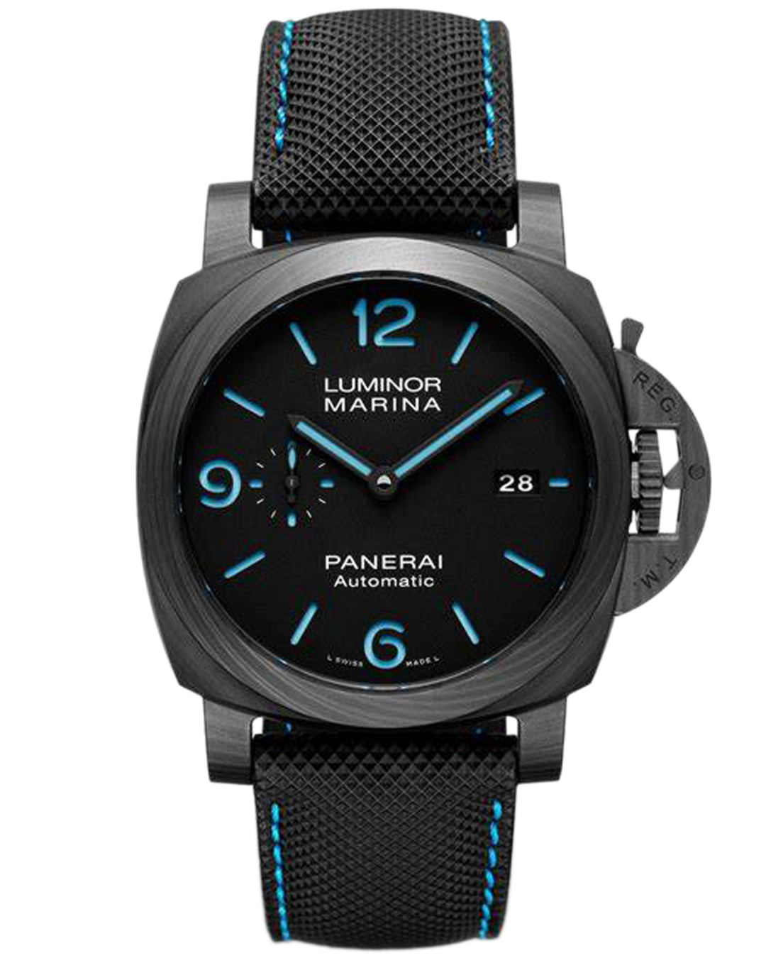 Luminor Marina Watch Mod Pan Edition with black dial, 44mm stainless steel case, automatic movement, and black nylon strap with blue stitching