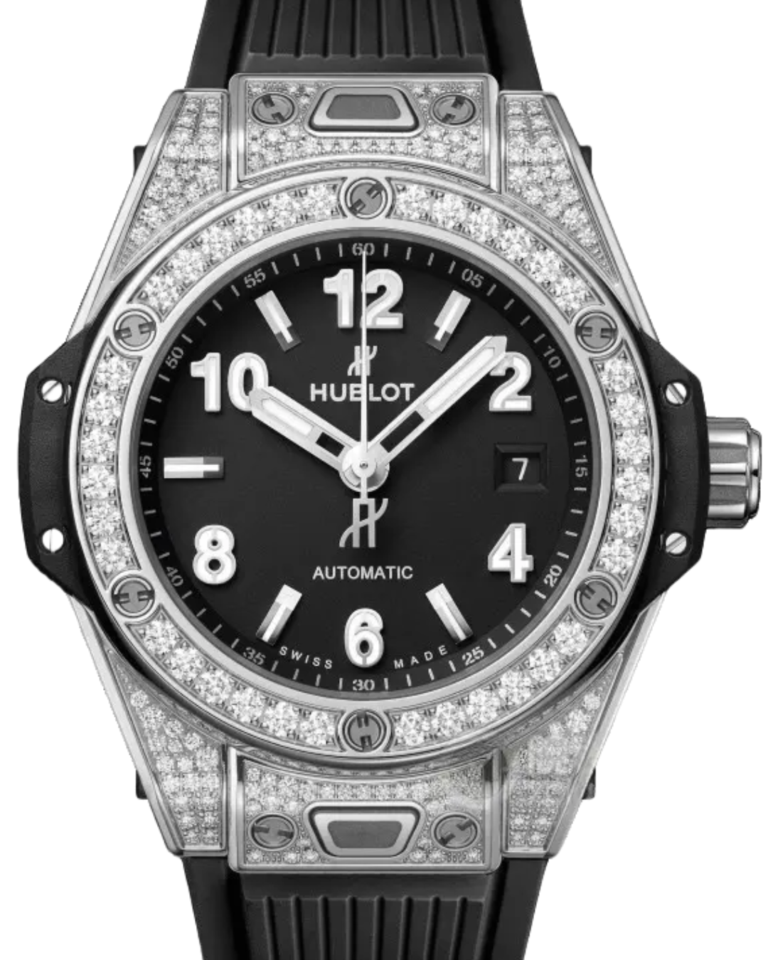 Hublot Big Bang Super Watch black dial diamond bezel automatic rubber strap luxury timepiece