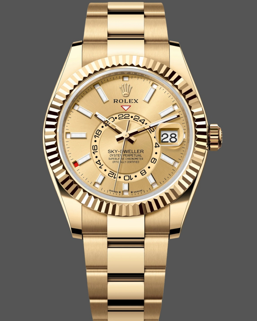 Rolex Sky-Dweller 42mm yellow gold watch with champagne dial and dual-time zone display