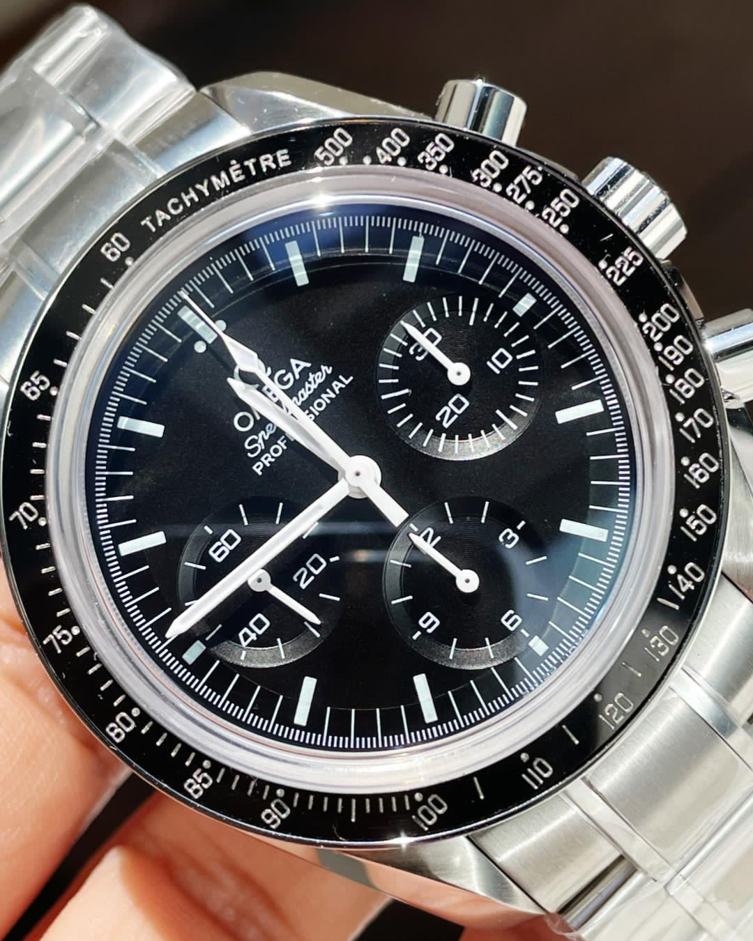 Speedmaster 42mm Super Watch Mod Black First Moon with tachymeter bezel and stainless steel band