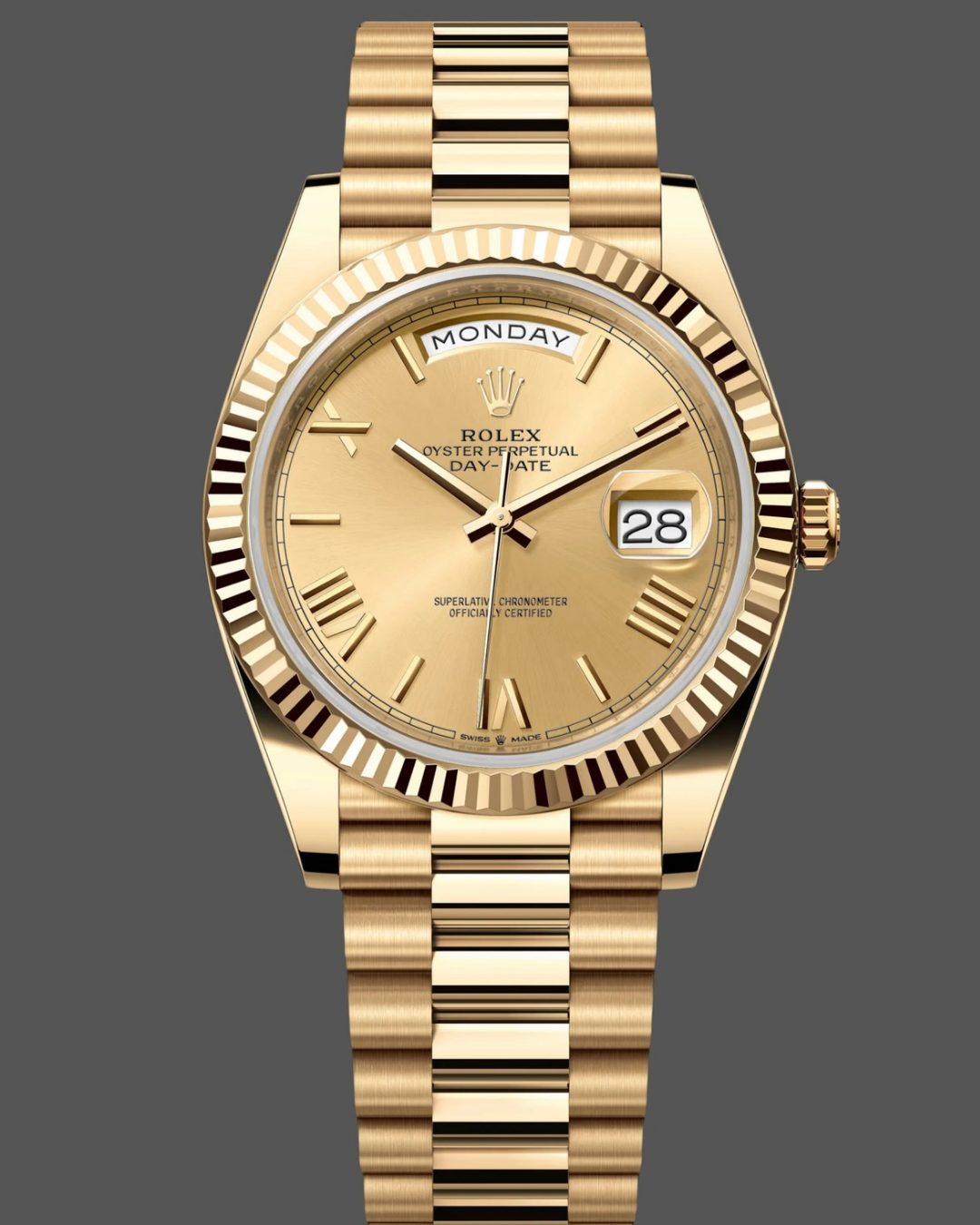 Rolex Day-Date 128238 18K yellow gold watch with champagne index dial and President bracelet
