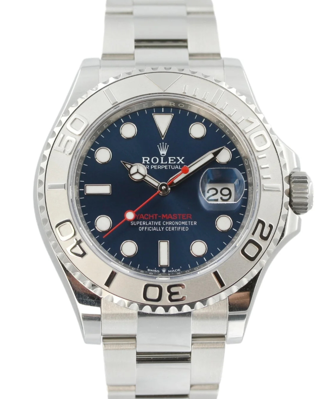 Yacht-Master Watch with blue dial, stainless steel bracelet, ceramic bezel, sapphire glass, and blue crown detail